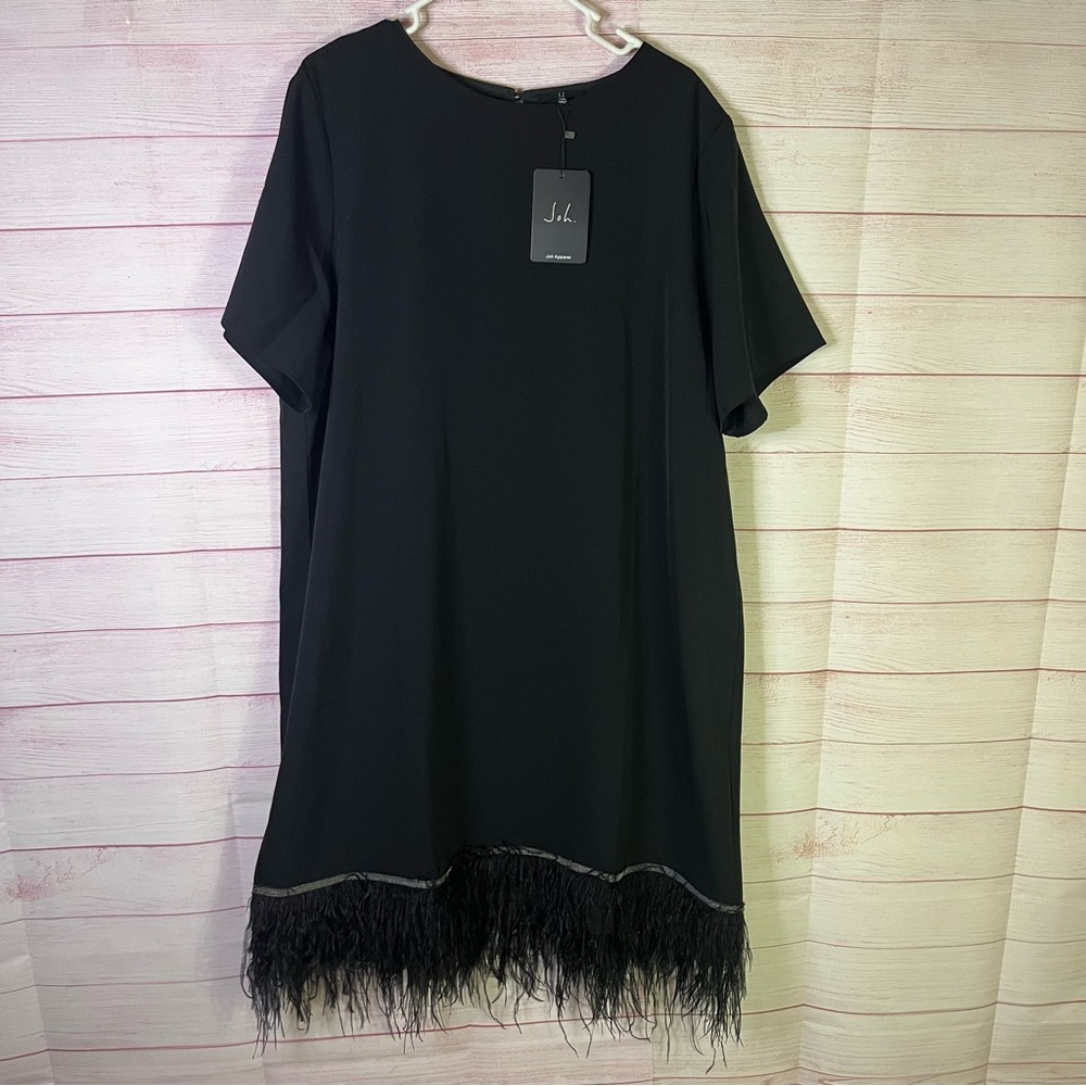 Joh Apparel NEW Black Jan Beaded Strip‎ Ostrich Feathers Dress Size 1XL